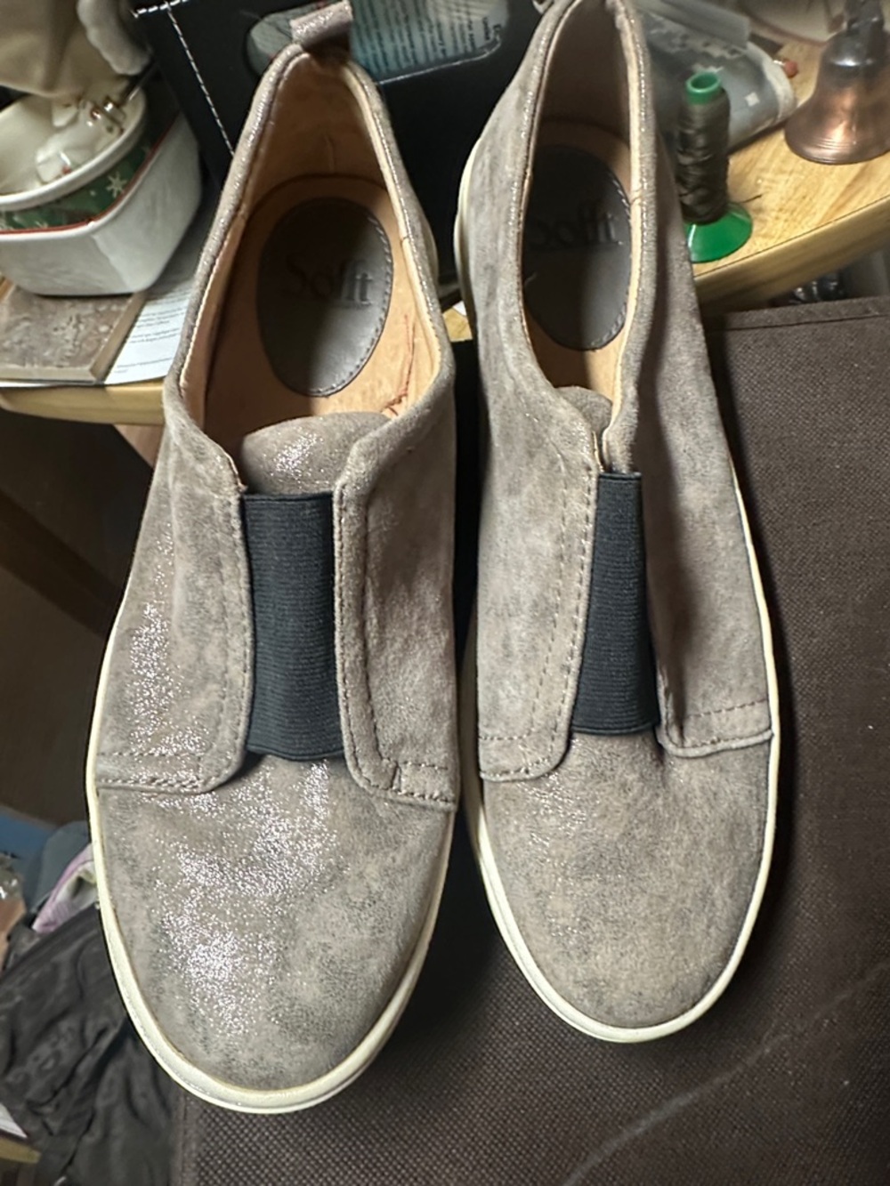 Sofft Women's Taupe Suede Slip-On Loafers with Black Elastic